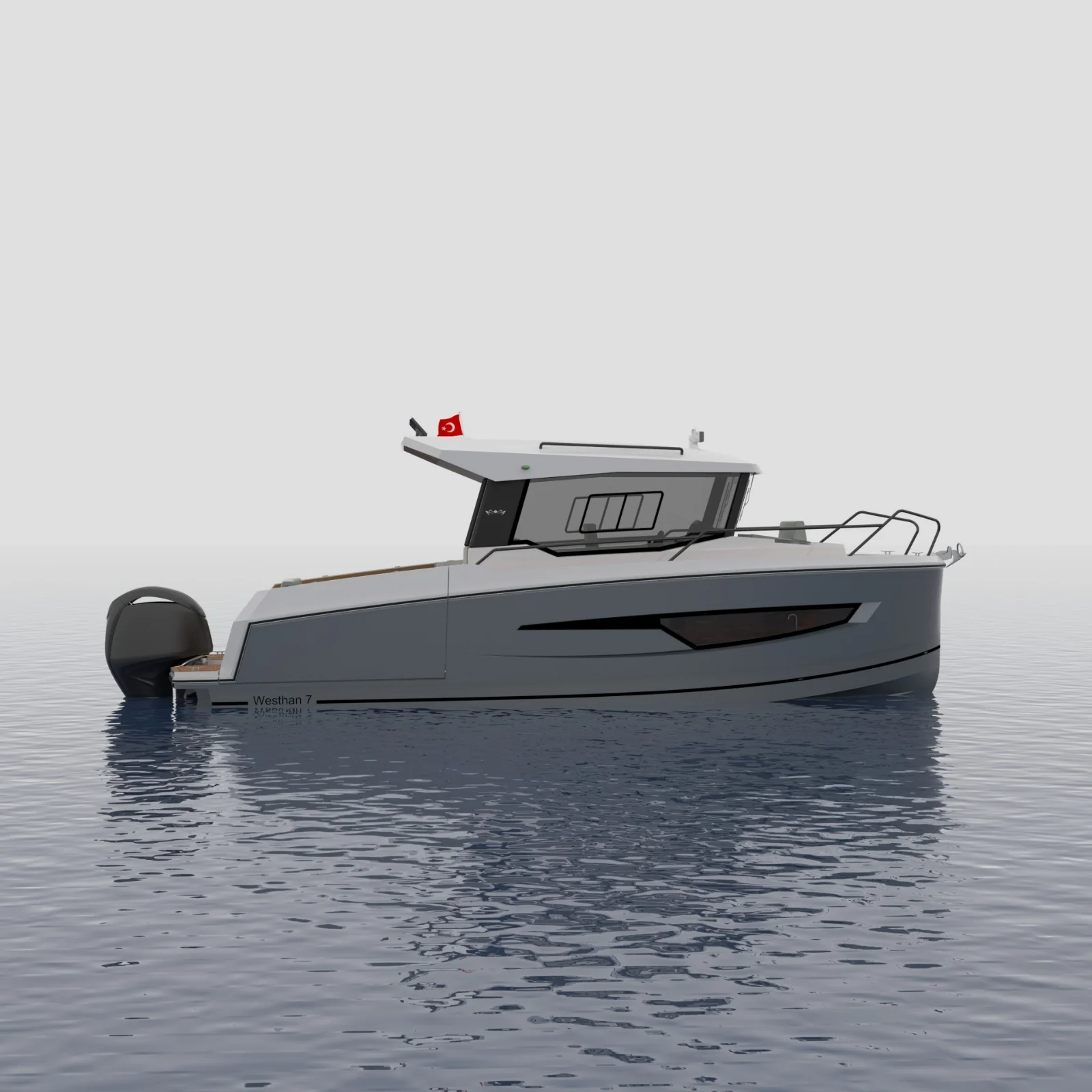 A render of the WST 7.00 from the side, a grey hull on calm, misty water